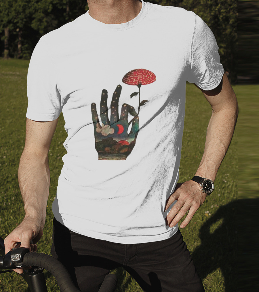 Fly Agaric Psychedelic Hand With Night Sky And Moon T-Shirt