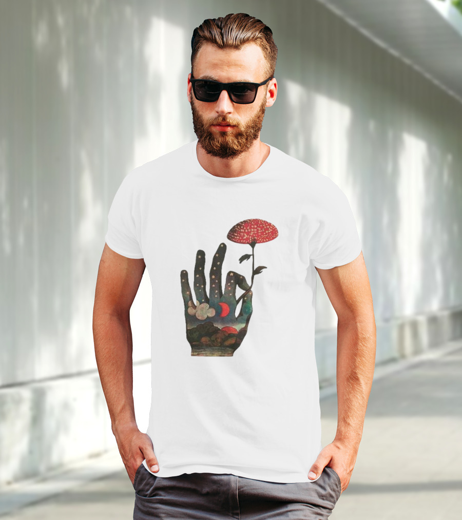 Fly Agaric Psychedelic Hand With Night Sky And Moon T-Shirt