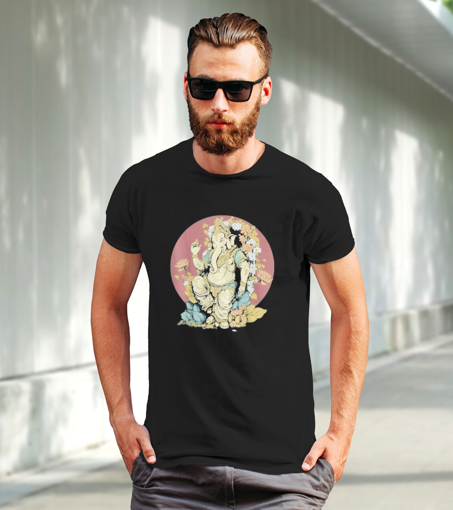 New Rare Hindu God Floral Elephant Deity Lord Ganesh Lotus Flowers Iconic T-Shirt