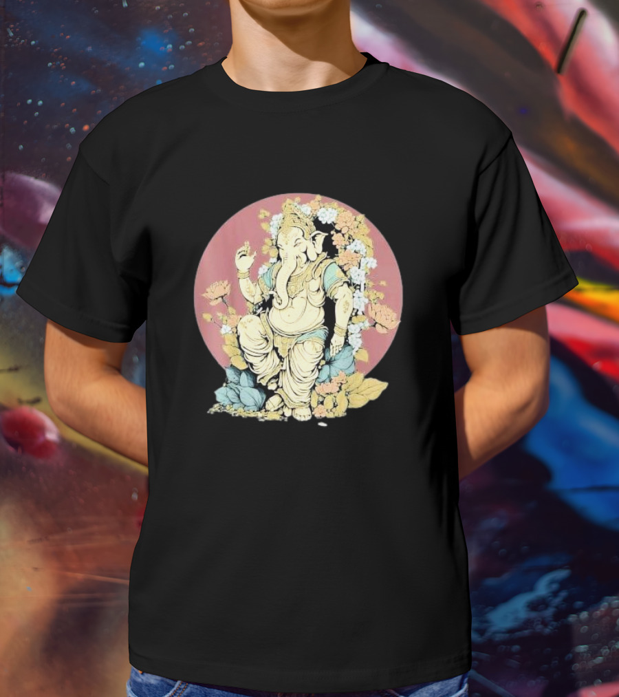 New Rare Hindu God Floral Elephant Deity Lord Ganesh Lotus Flowers Iconic T-Shirt