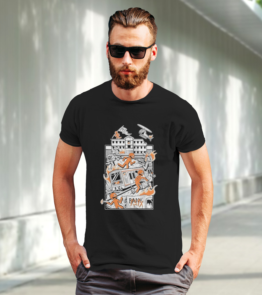 Dani Gambino Stick Figures Chaos Fire Helicopter Bank T-Shirt