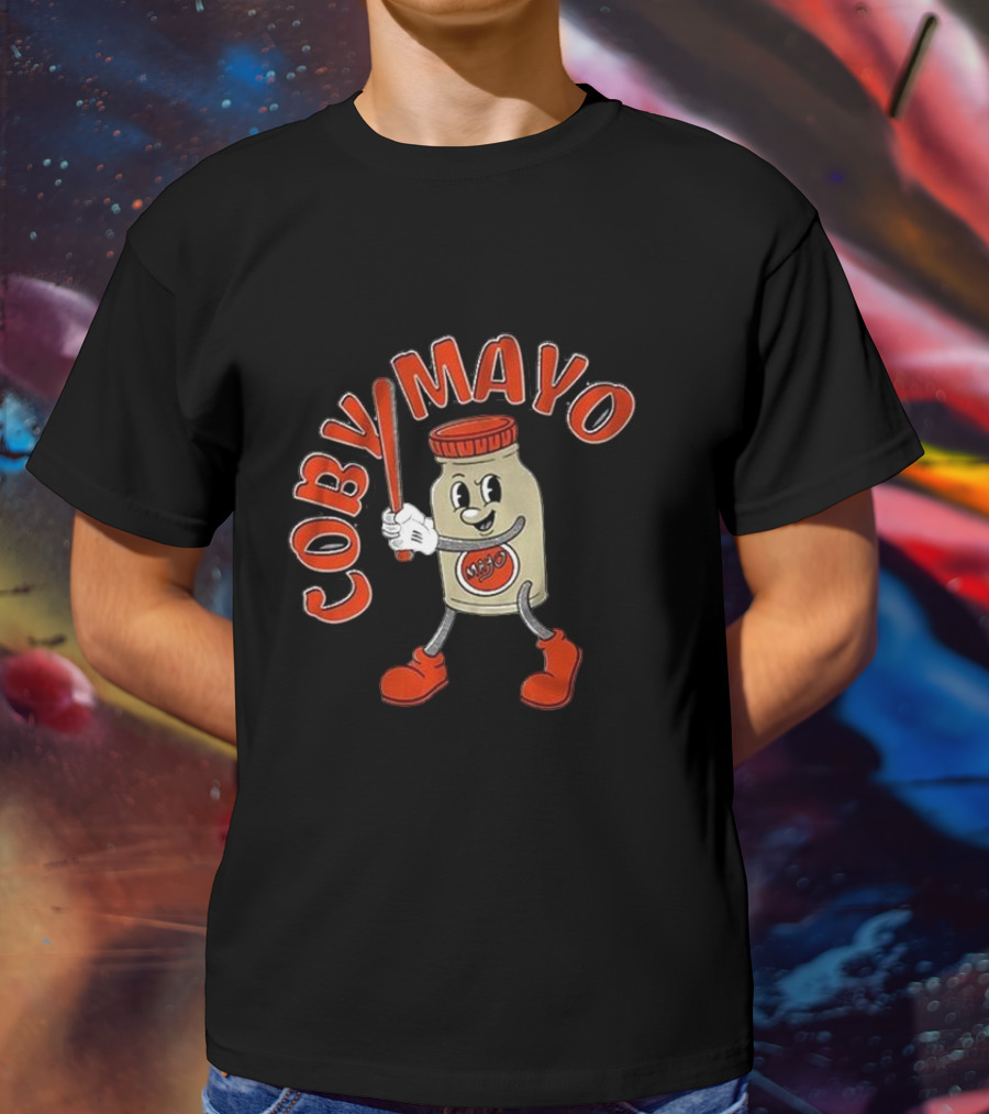 Coby Mayo Cartoon Baseball Jar With Red Letters And Bat T-Shirt