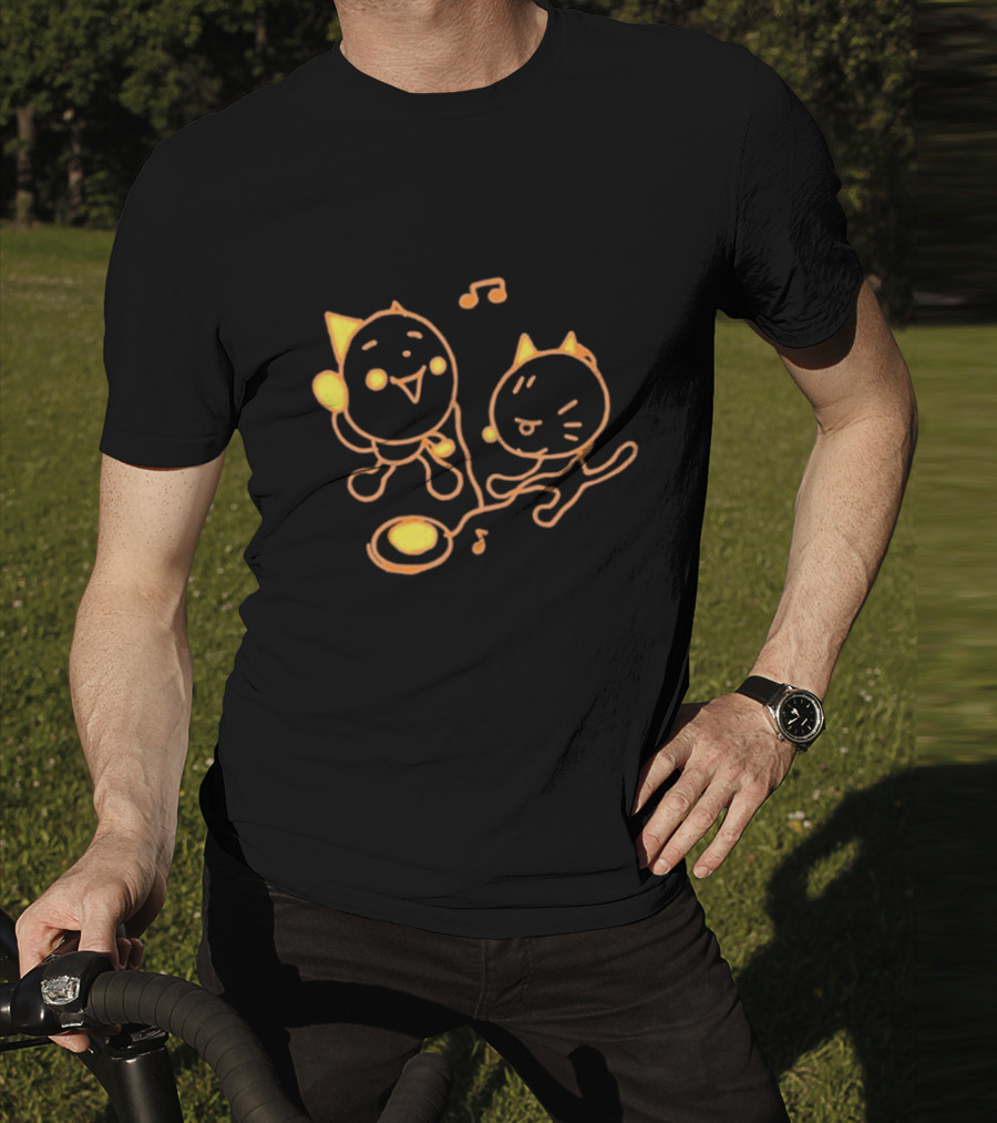 Pixlotl Cat Characters With Music Notes And CD Player T-Shirt