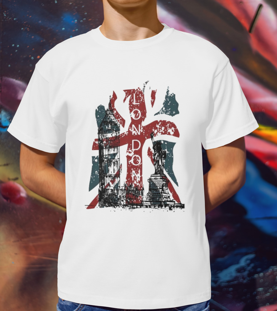 Retro London England Flag Big Ben Statue Liberty T-Shirt