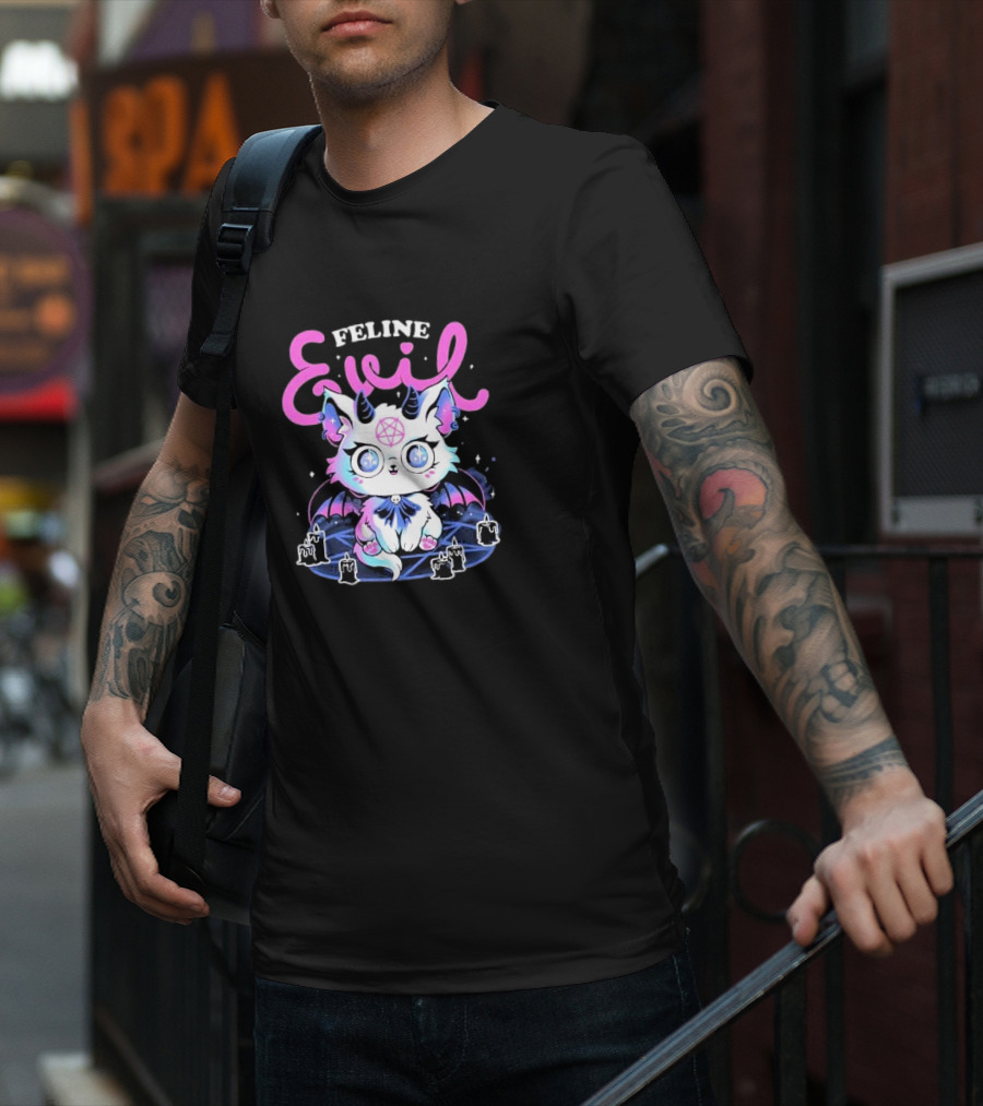 Feline Evil Cute Devil Cat With Pentagram And Bat Wings T-Shirt