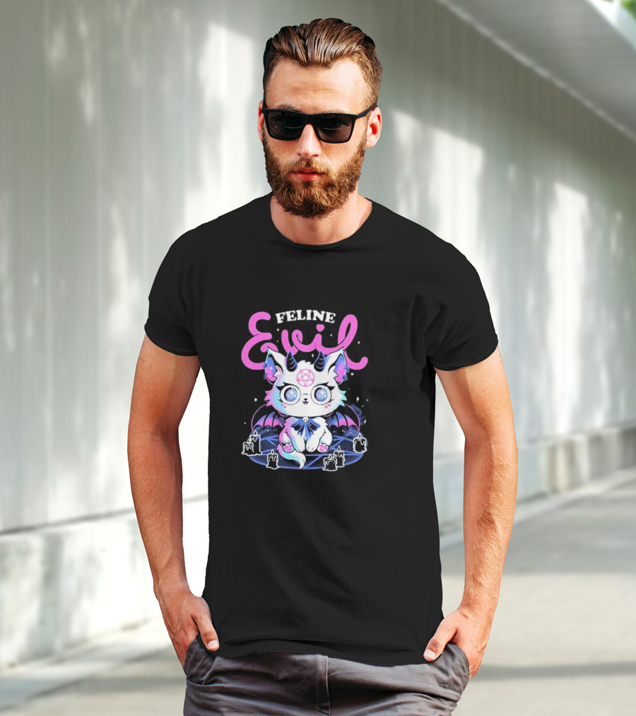 Feline Evil Cute Devil Cat With Pentagram And Bat Wings T-Shirt
