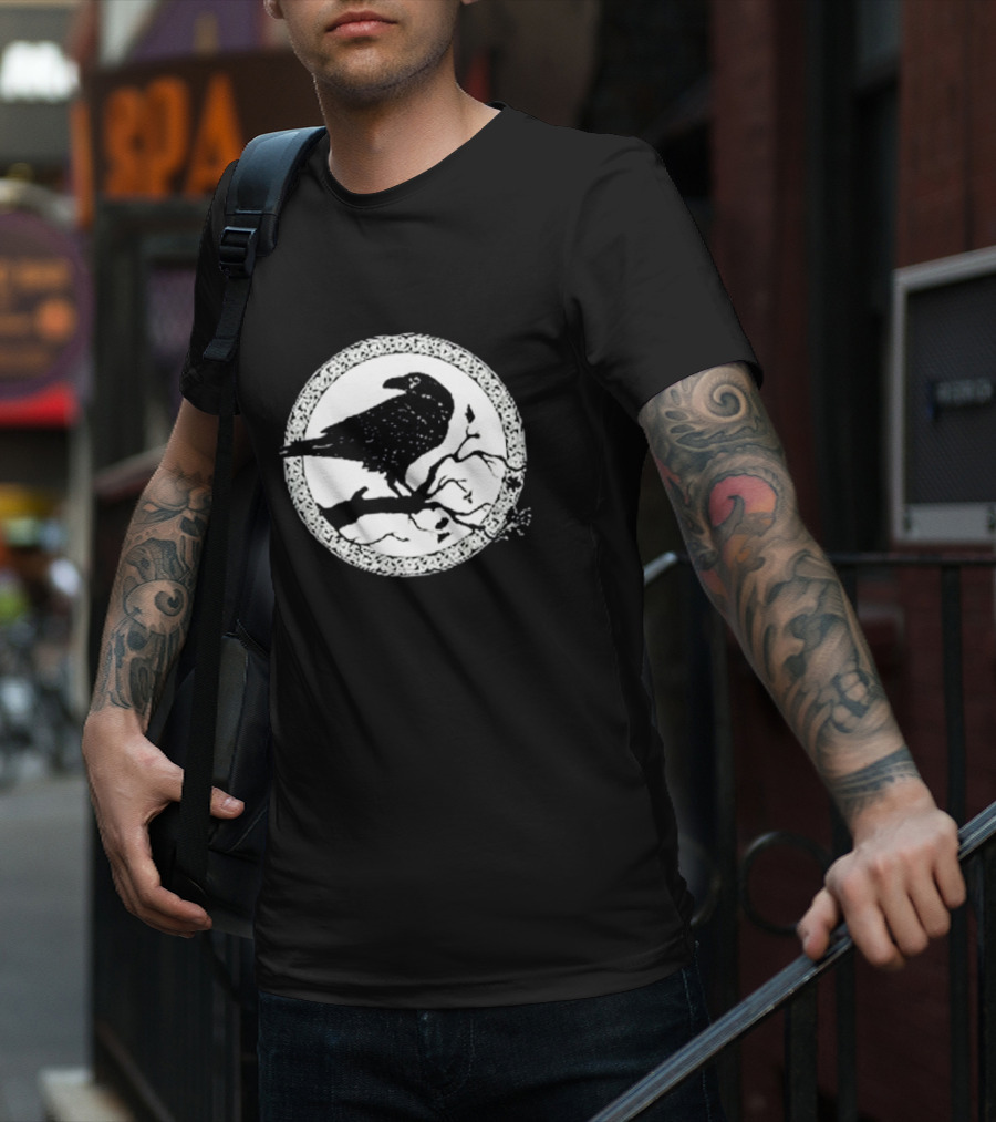 Viking Crow Celtic Norse Valhalla Odin Thor Raven On Branch Circle T-Shirt
