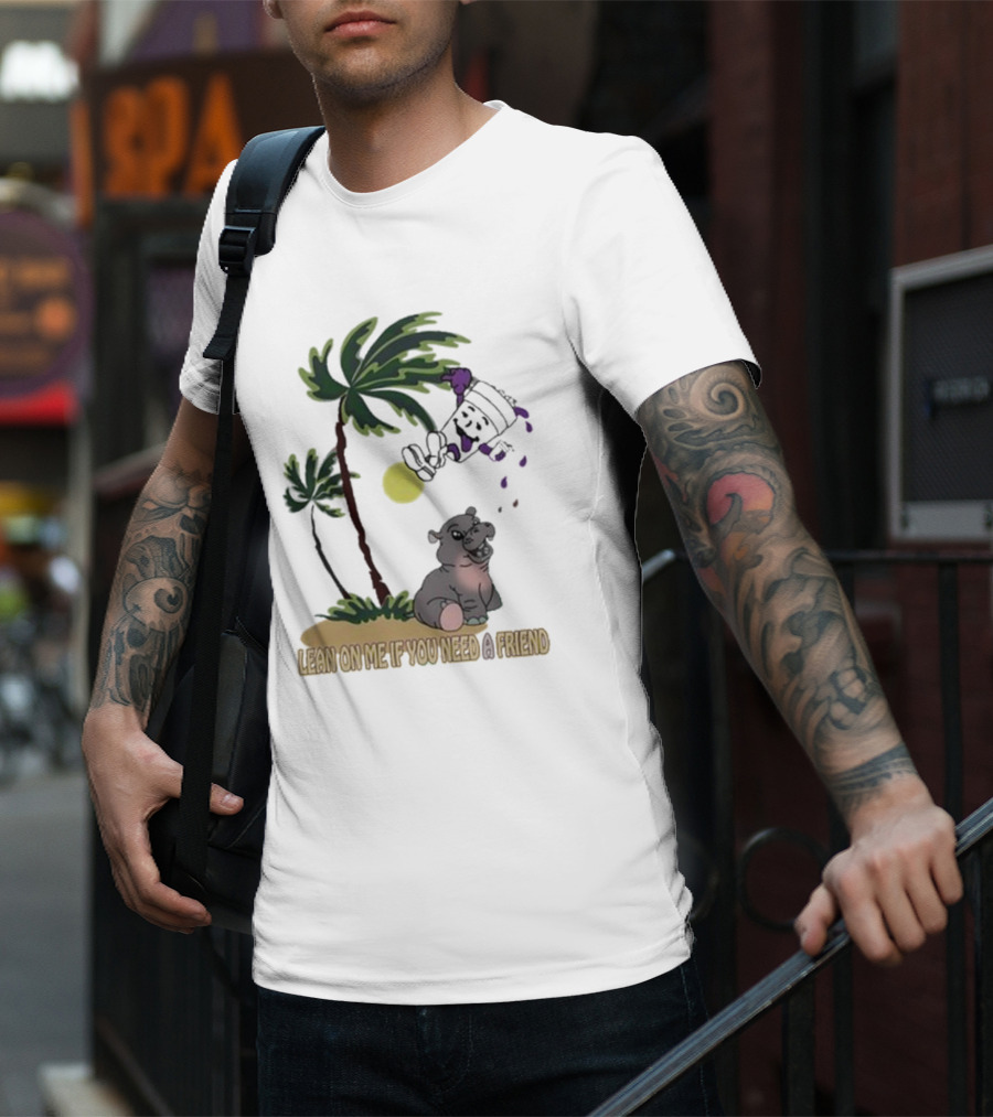 Grapejuiceboys Lean On Me If You Need A Friend Moo Deng Palm Tree Tropical Scene T-Shirt