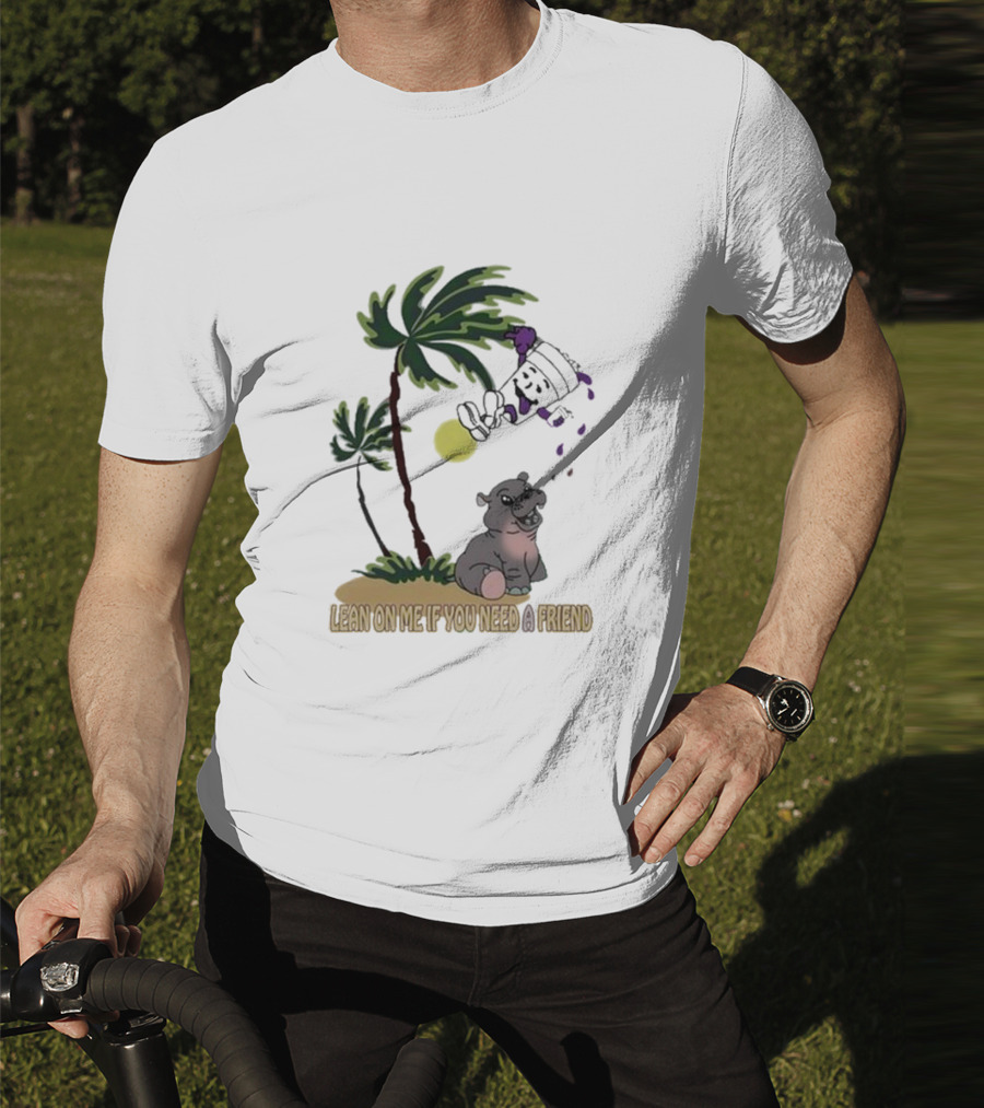 Grapejuiceboys Lean On Me If You Need A Friend Moo Deng Palm Tree Tropical Scene T-Shirt