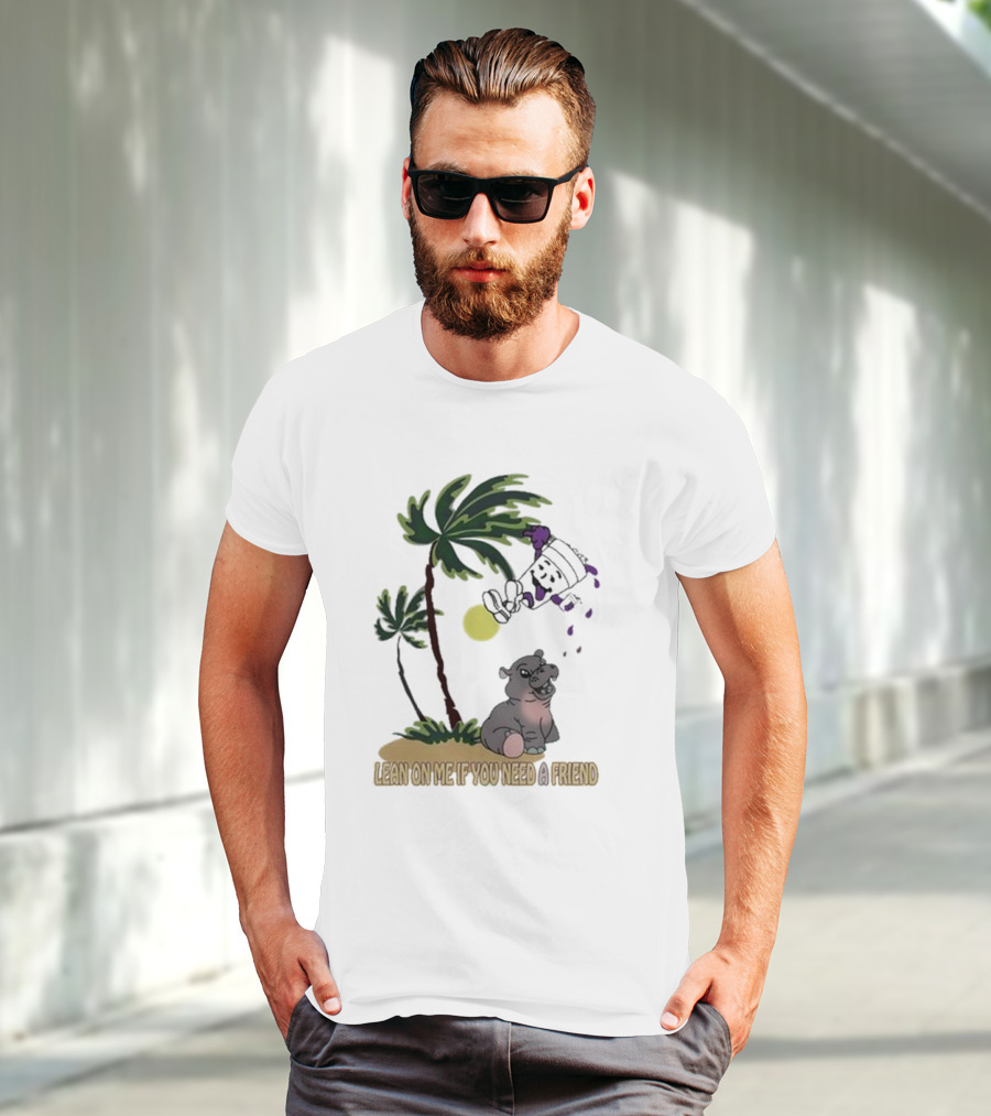 Grapejuiceboys Lean On Me If You Need A Friend Moo Deng Palm Tree Tropical Scene T-Shirt