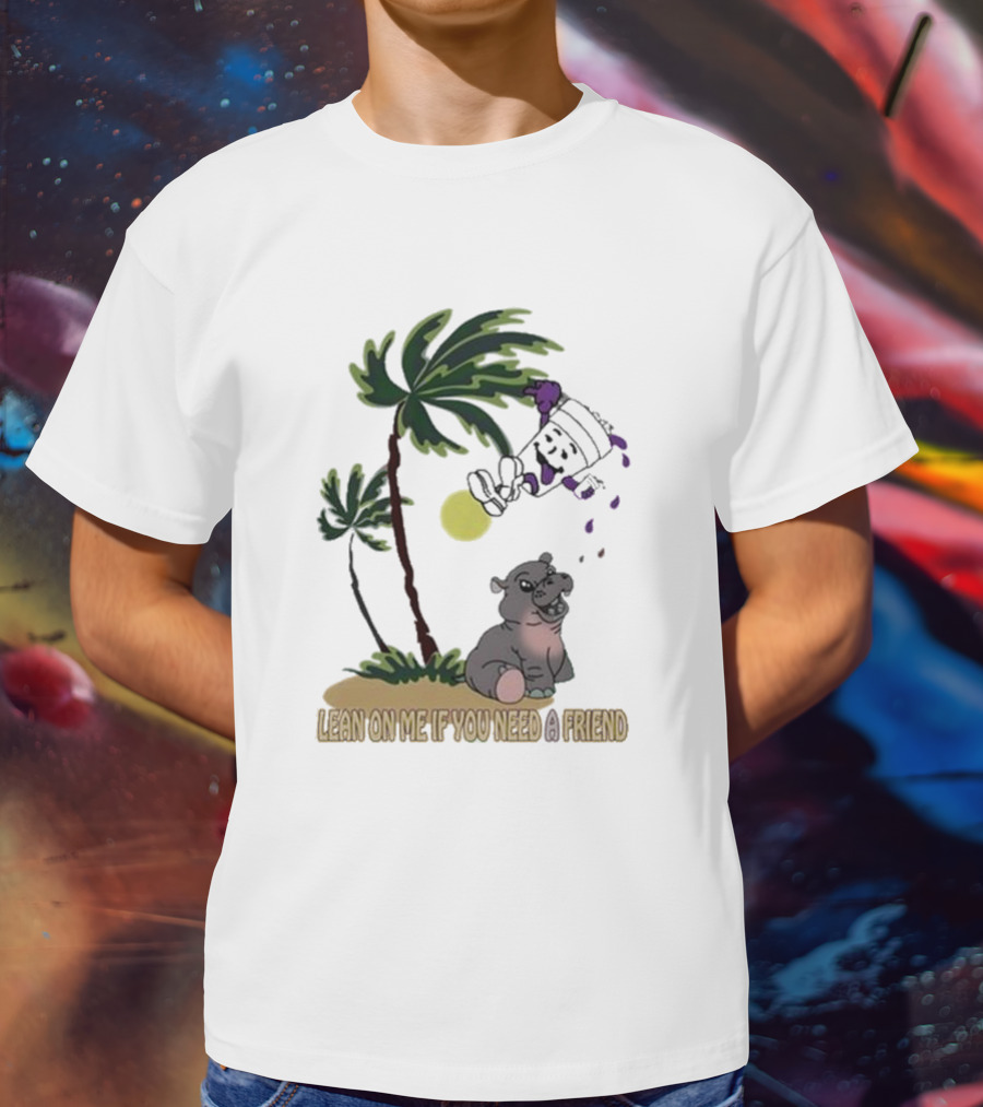 Grapejuiceboys Lean On Me If You Need A Friend Moo Deng Palm Tree Tropical Scene T-Shirt