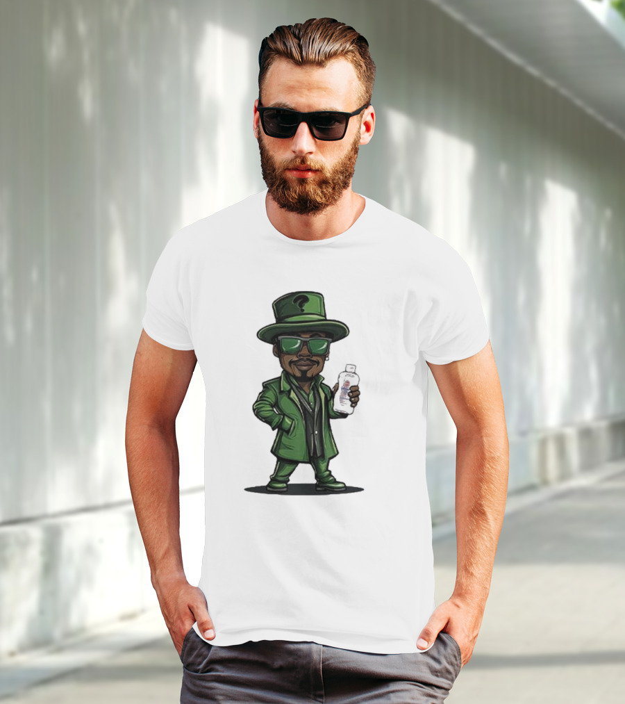 Little Diddler Holding Baby Oil In Green Outfit With Question Mark Hat T-Shirt