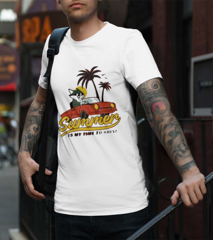 Summer Is My Time To Shine Cat In Car With Palm Trees T-Shirt