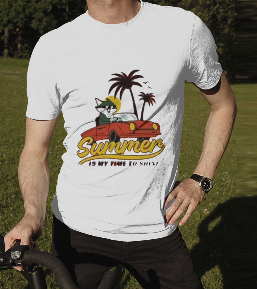 Summer Is My Time To Shine Cat In Car With Palm Trees T-Shirt