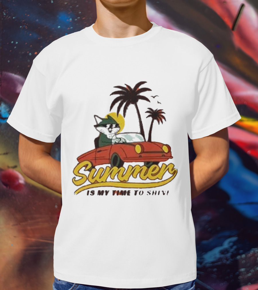 Summer Is My Time To Shine Cat In Car With Palm Trees T-Shirt