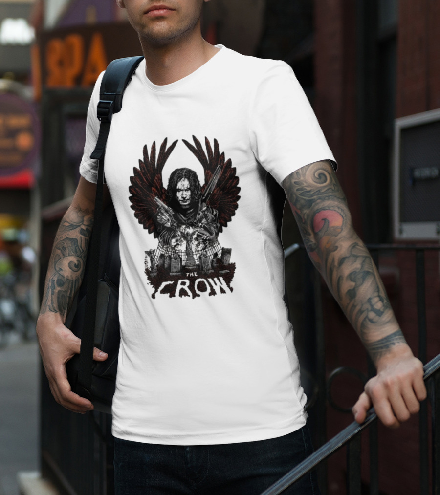 The Crow Winged Figure With Cemetery Background And Gothic Text The Crow T-Shirt