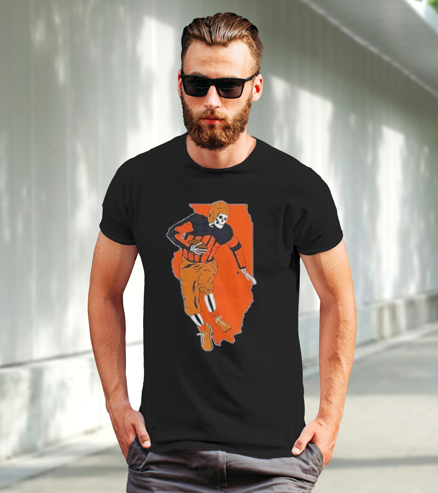 Il Football Pocket Skeleton Player Over Illinois Map T-Shirt