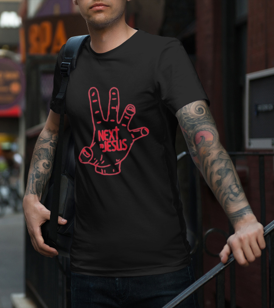 Next To Jesus Hand Neon Red Outline T-Shirt