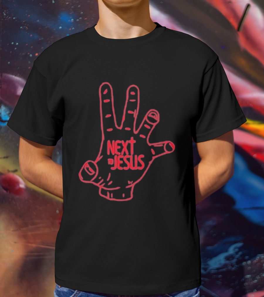 Next To Jesus Hand Neon Red Outline T-Shirt