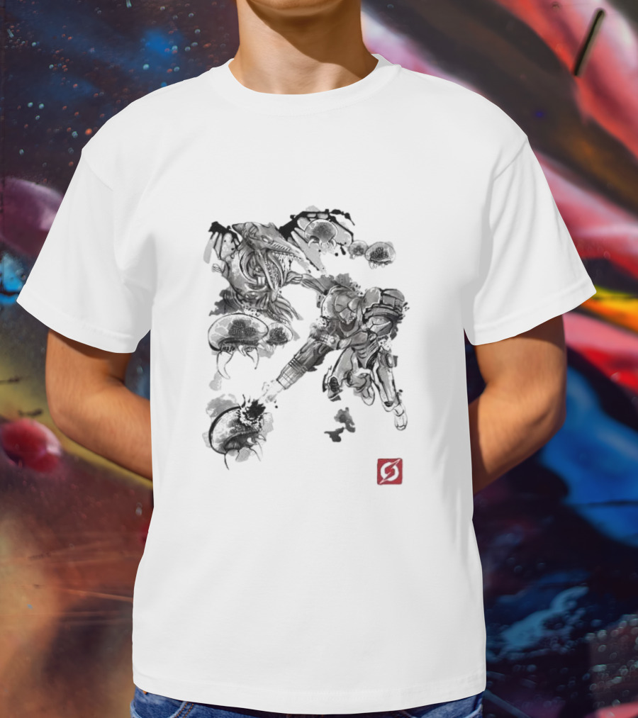 Attack Of The Space Pirates Sumi-E Style Metroid Battle Scene T-Shirt