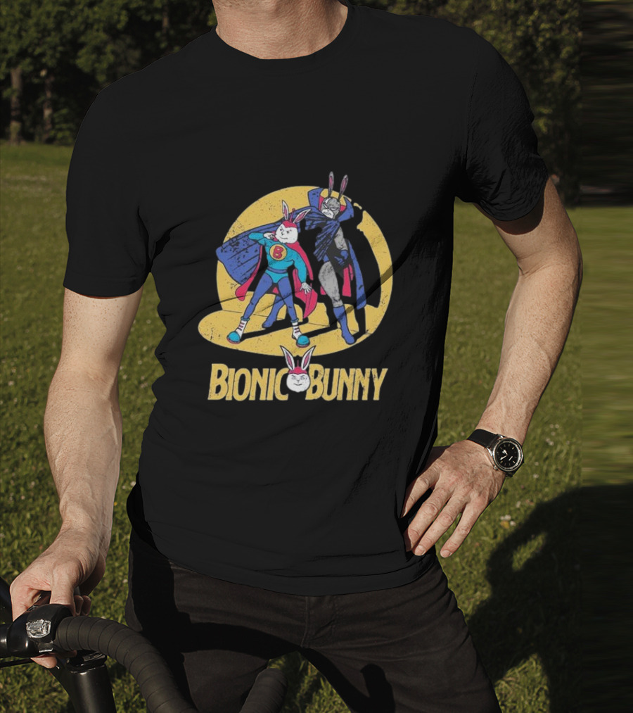 Bionic Bunny Superhero Duo With Colorful Cape And Moon Background T-Shirt