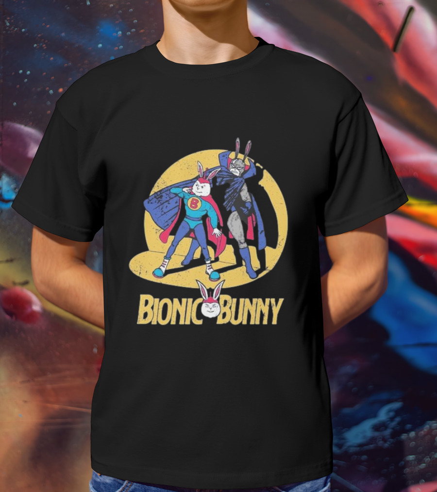 Bionic Bunny Superhero Duo With Colorful Cape And Moon Background T-Shirt