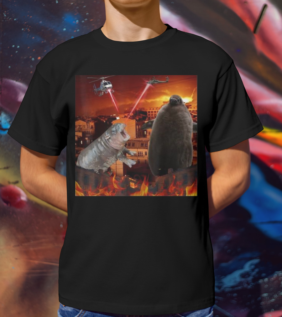 Moo Deng And Pesto Battle Urban Showdown With Helicopters And Laser Beams T-Shirt