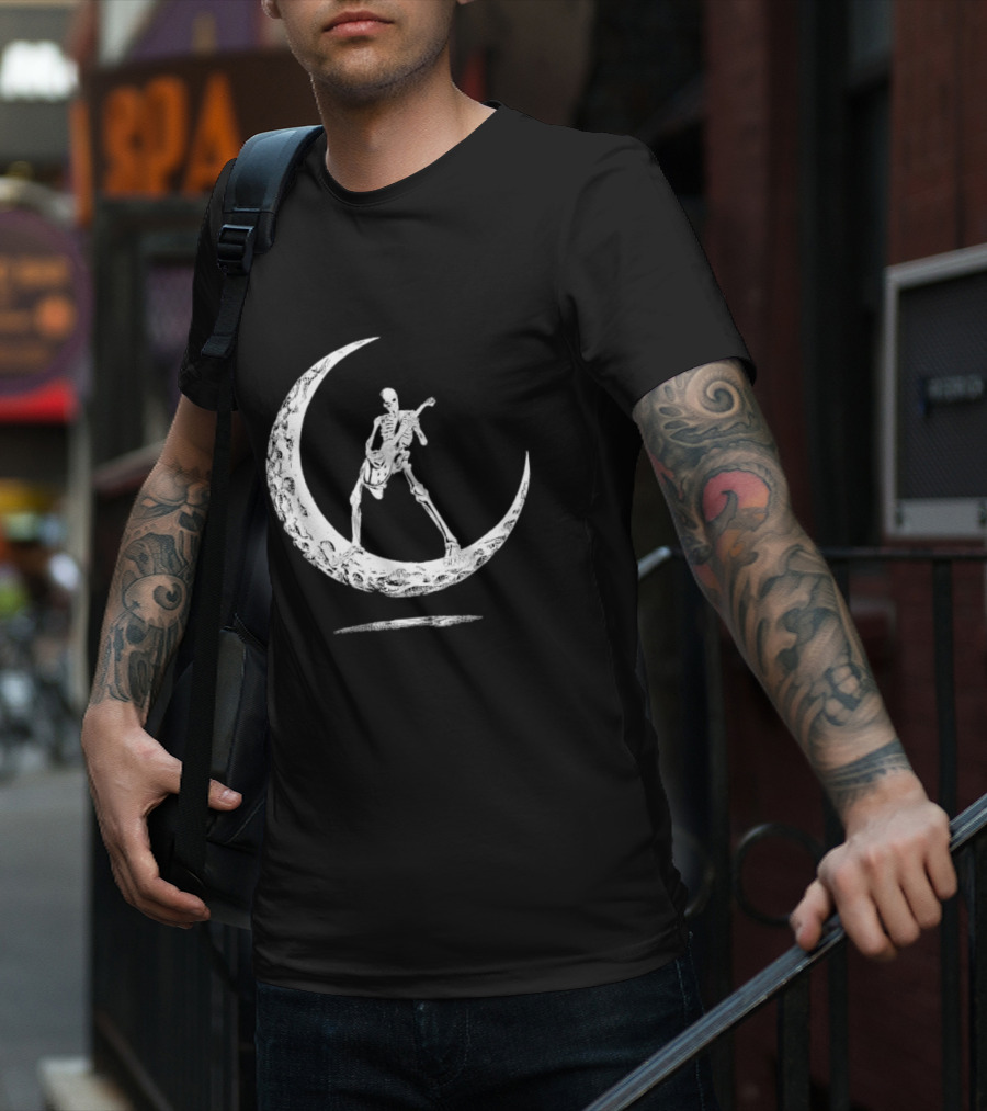 Skeleton Playing Guitar On Crescent Moon Rock And Roll Band T-Shirt