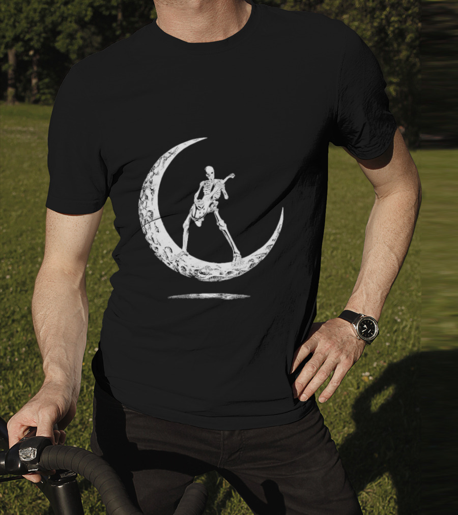 Skeleton Playing Guitar On Crescent Moon Rock And Roll Band T-Shirt