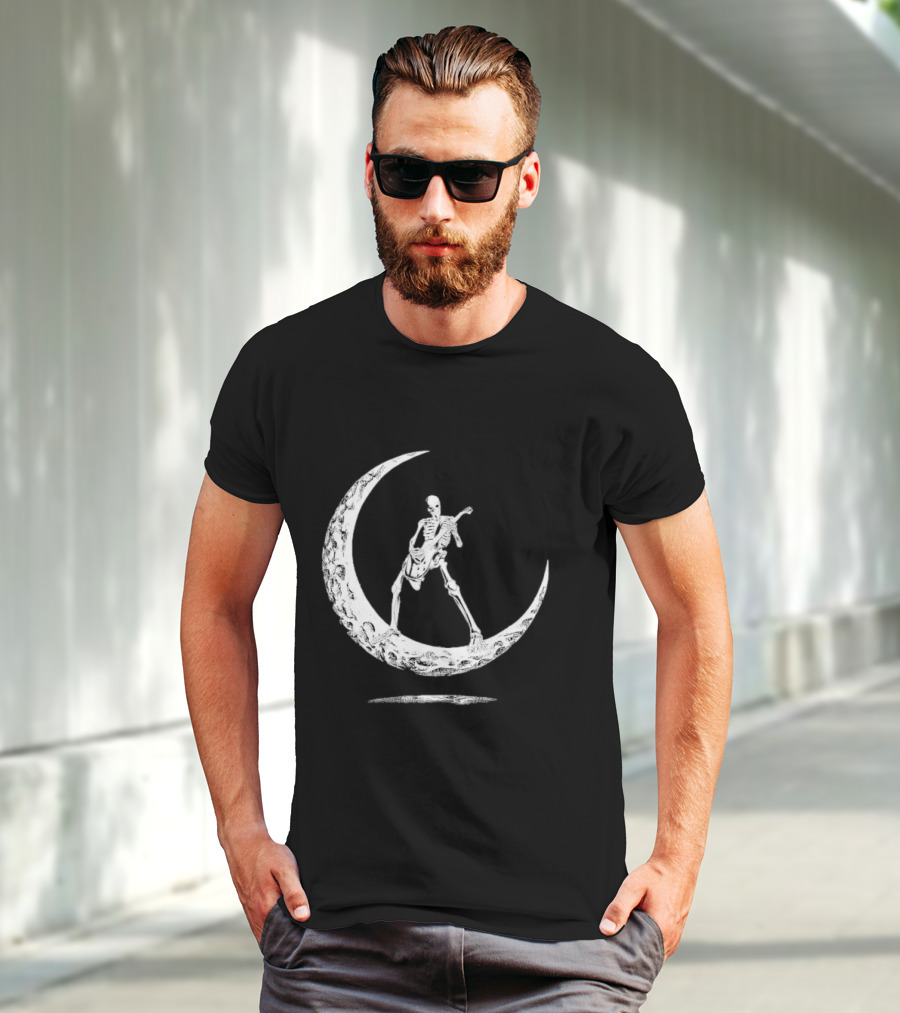 Skeleton Playing Guitar On Crescent Moon Rock And Roll Band T-Shirt