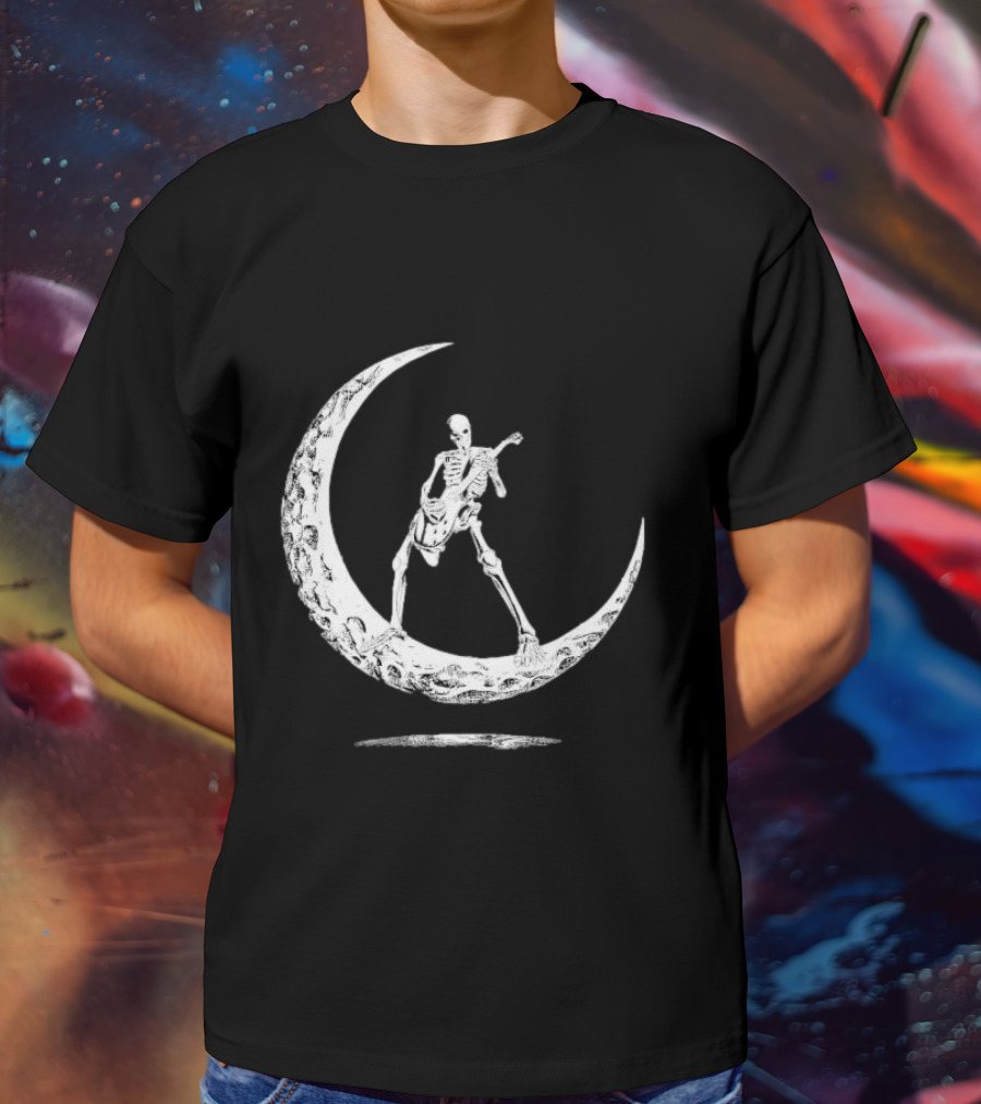 Skeleton Playing Guitar On Crescent Moon Rock And Roll Band T-Shirt