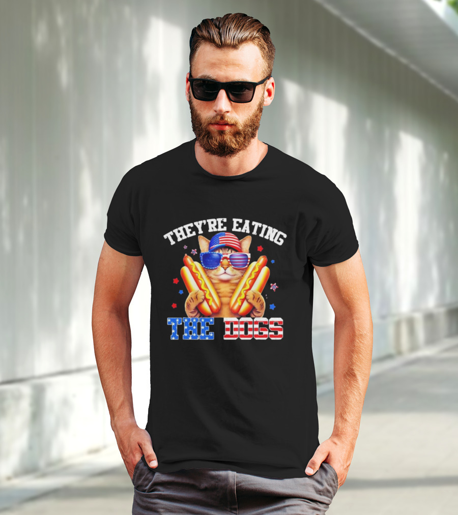 They’re Eating The Dogs Patriotic Cat With Hotdogs And American Flag Sunglasses T-Shirt
