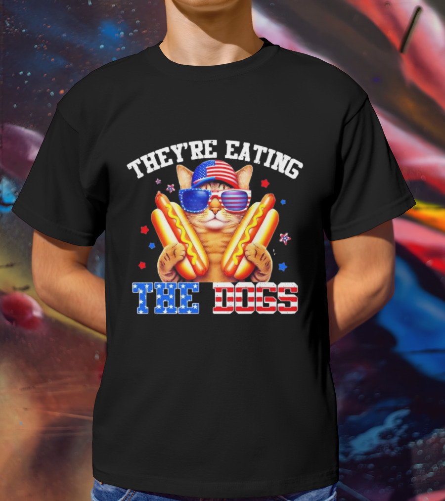 They’re Eating The Dogs Patriotic Cat With Hotdogs And American Flag Sunglasses T-Shirt