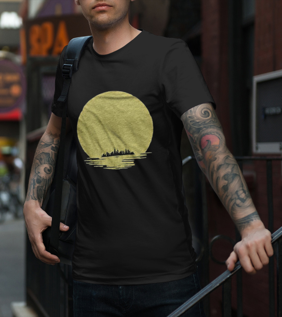 Michigan Skyline Reflected Under Golden Moon T-Shirt