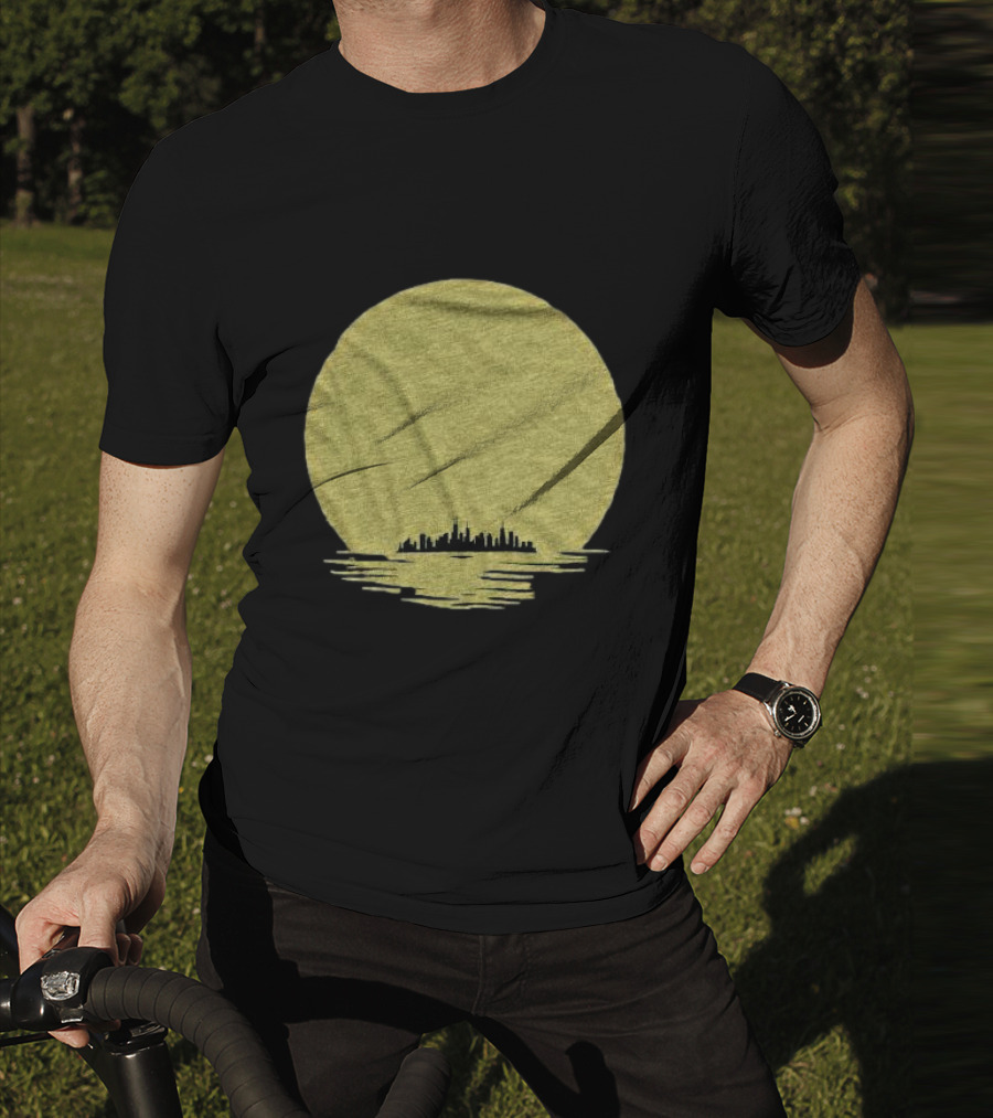 Michigan Skyline Reflected Under Golden Moon T-Shirt