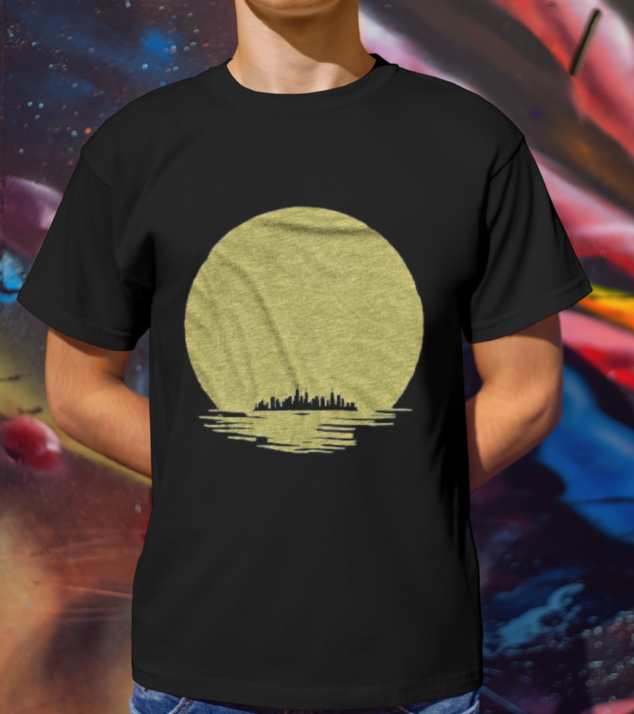 Michigan Skyline Reflected Under Golden Moon T-Shirt