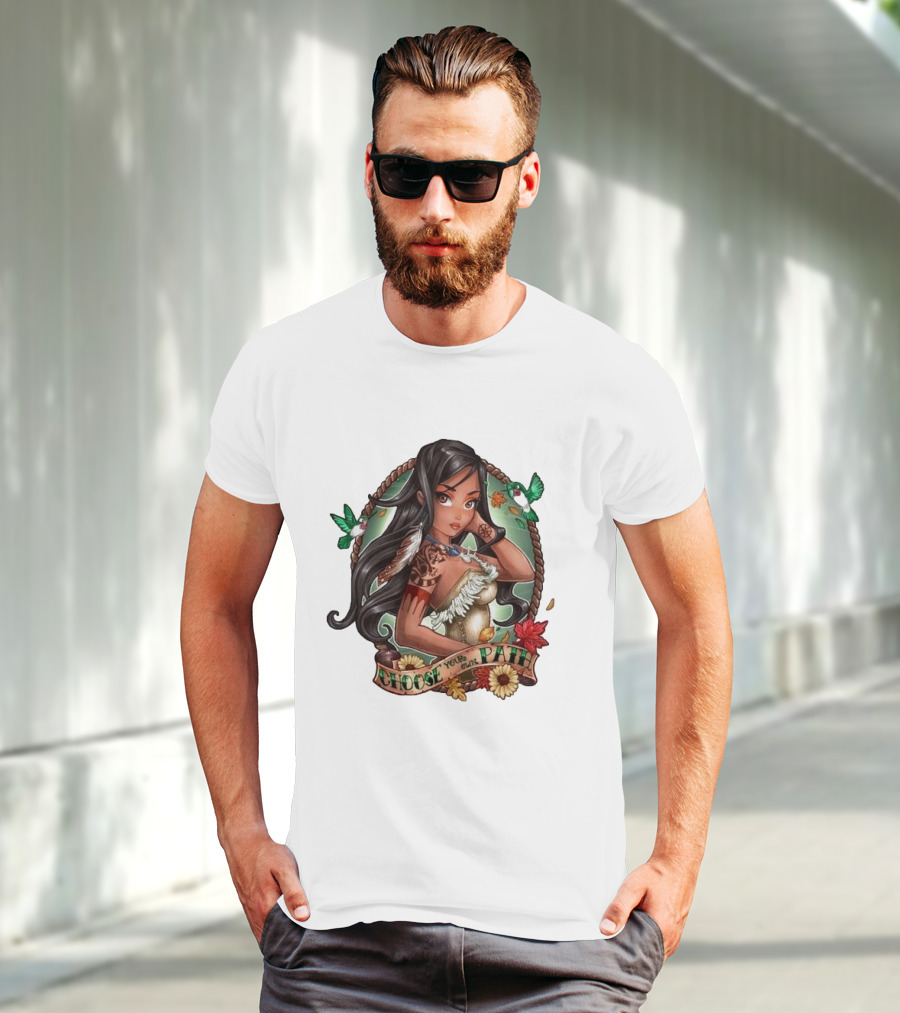 Pocahontas Choose Your Own Path Autumn Leaves Green Hummingbirds Tattoo Flowers T-Shirt