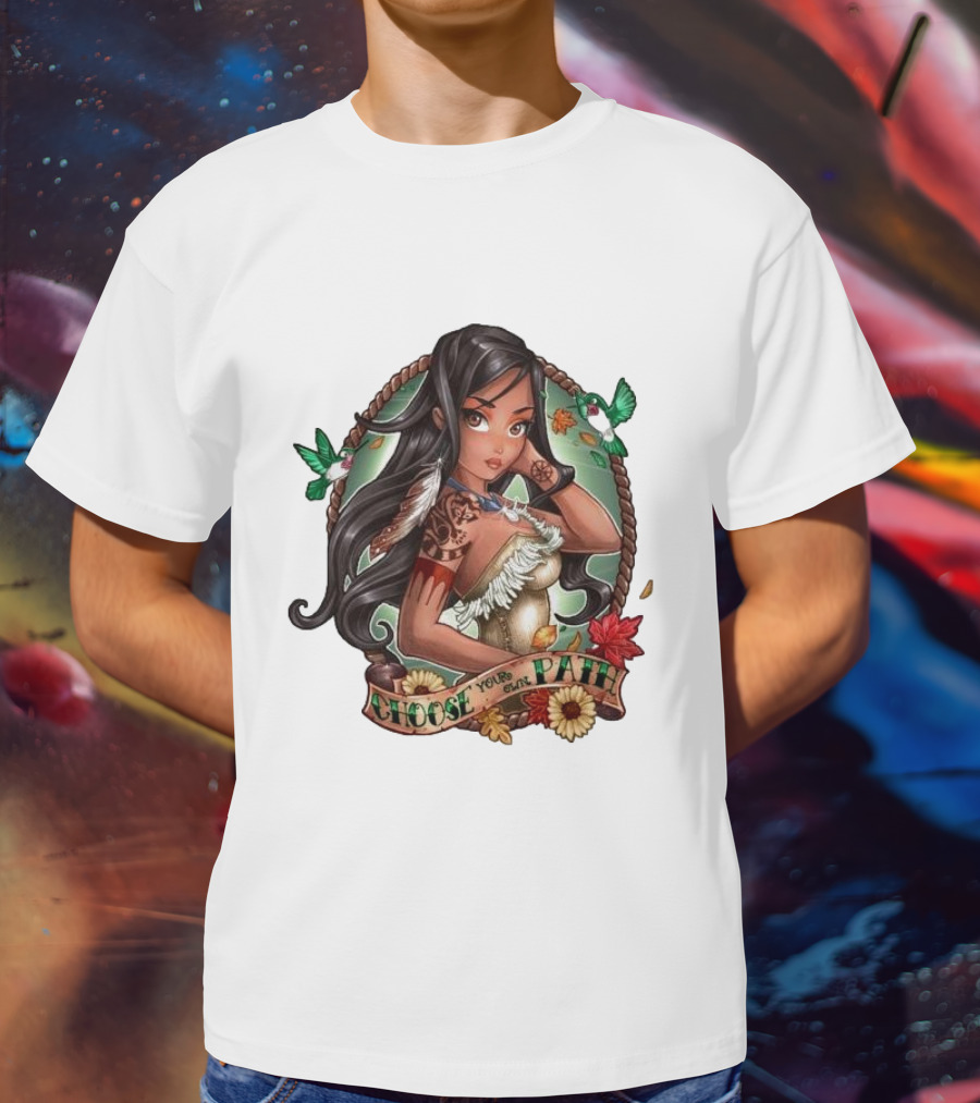 Pocahontas Choose Your Own Path Autumn Leaves Green Hummingbirds Tattoo Flowers T-Shirt