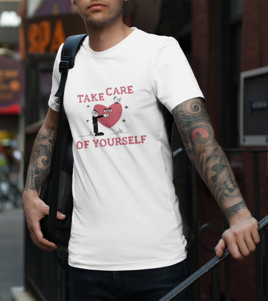 Take Care Of Yourself Heart With Cartoon Character And Bird T-Shirt