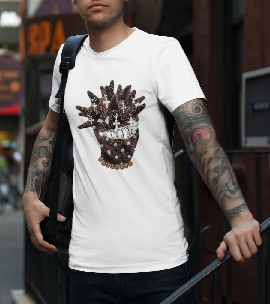 Unique Knitted Hood Spiked Viking Cross Decorated T-Shirt