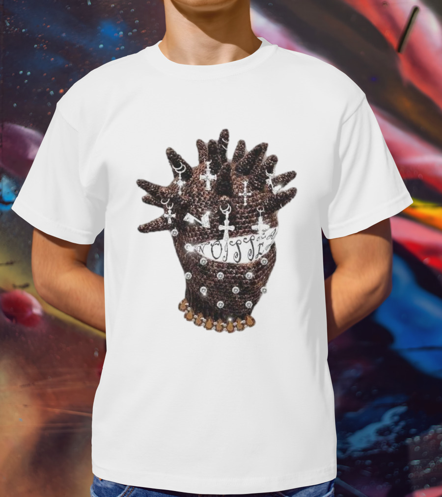 Unique Knitted Hood Spiked Viking Cross Decorated T-Shirt