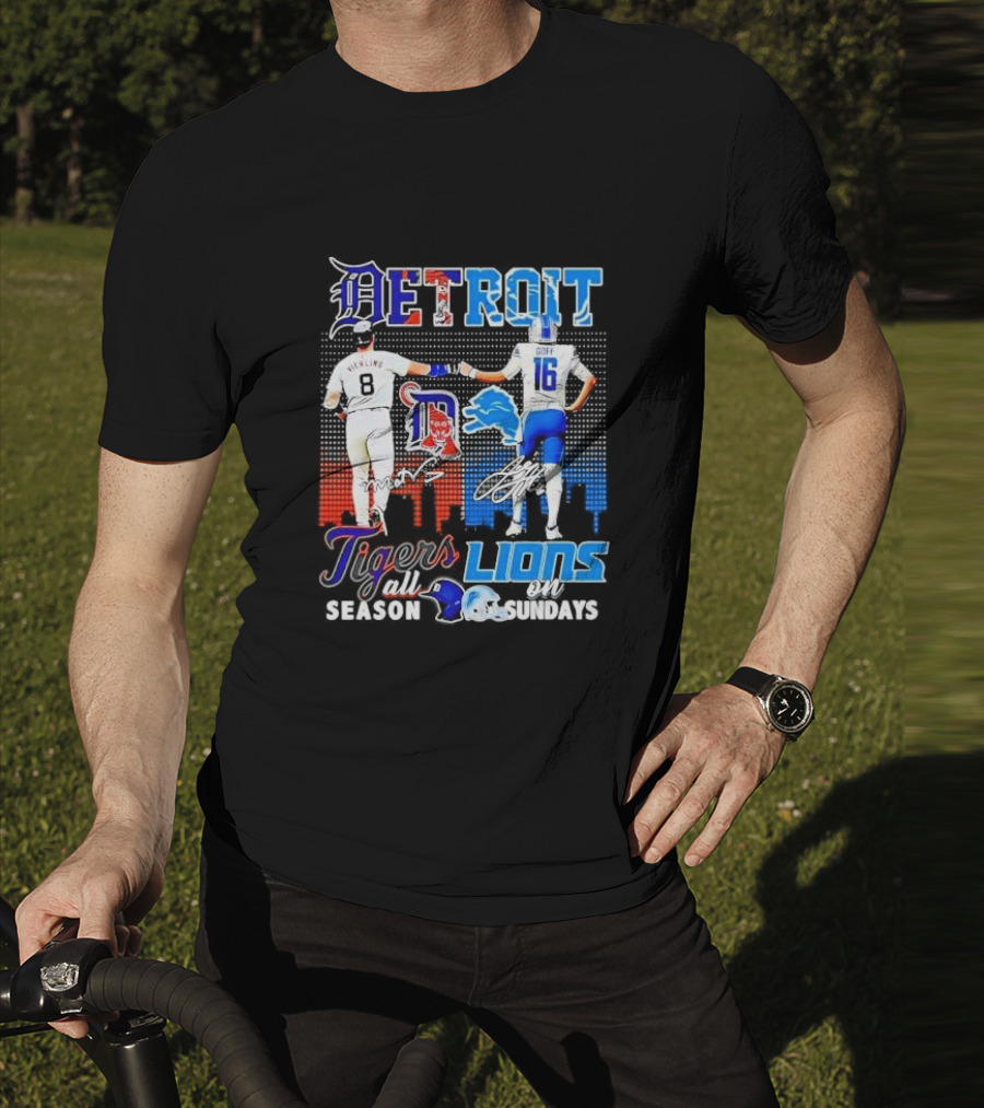 Detroit Tigers And Lions All Season On Sundays Verlander Goff Signatures T-Shirt