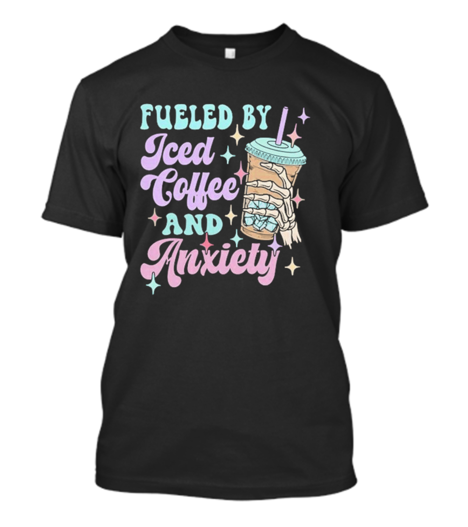 Fueled By Iced Coffee And Anxiety Skeleton Hand Pastel Aesthetic T-Shirt