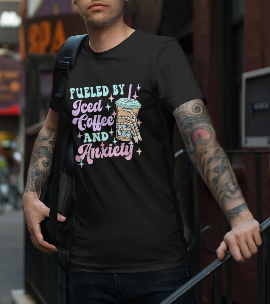 Fueled By Iced Coffee And Anxiety Skeleton Hand Pastel Aesthetic T-Shirt