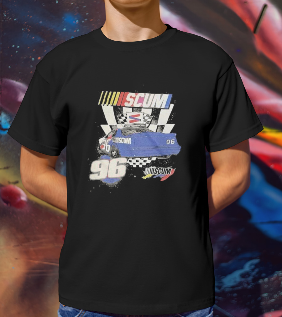 SCUM Motorsports Racing 96 Checkered Flag Car Print T-Shirt
