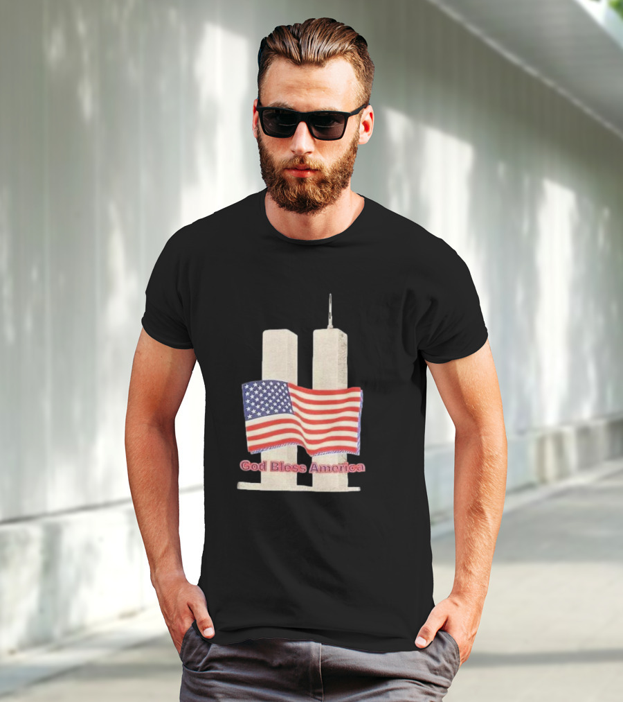 Vtg 9 11 Twin Towers God Bless America Flag T-Shirt