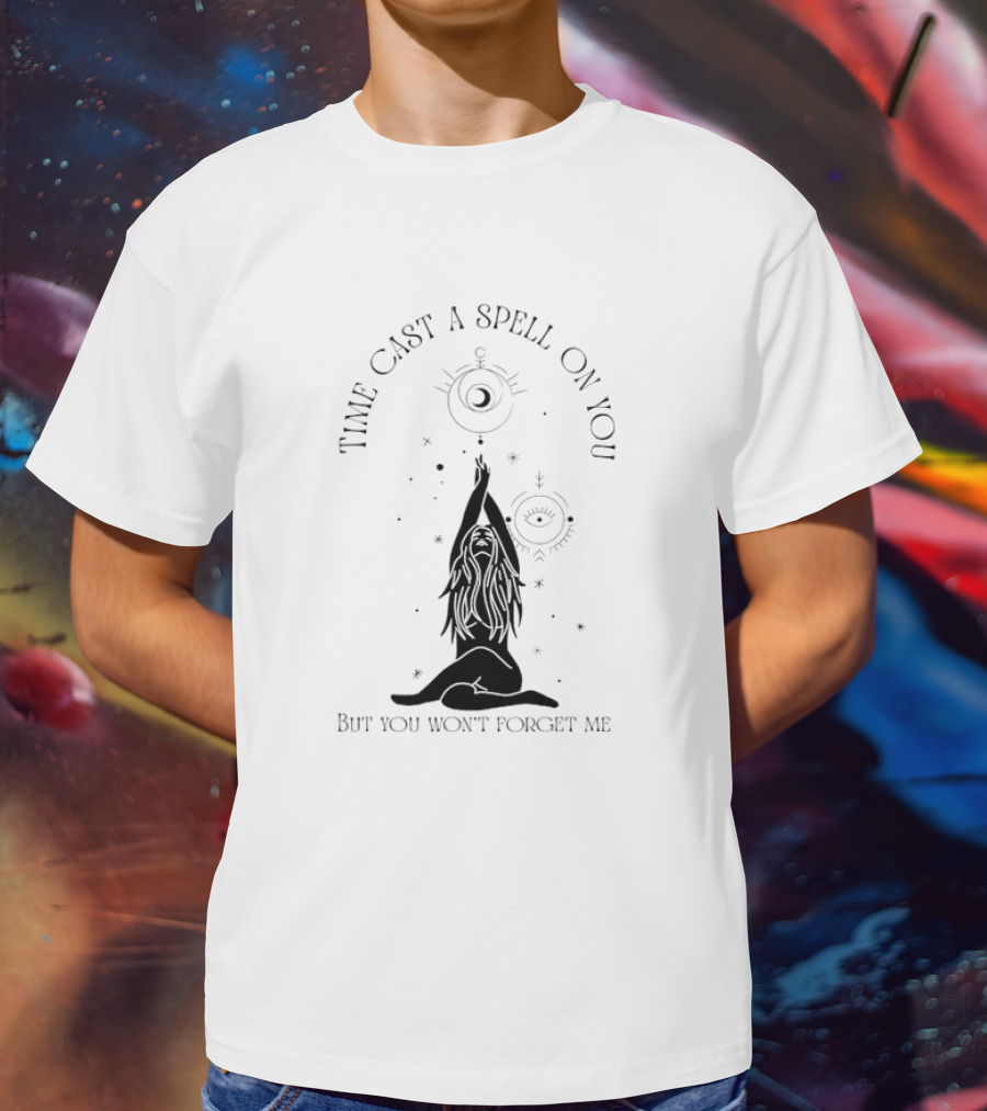Time Cast A Spell On You But You Won’t Forget Me Mystical Yoga Pose With Celestial Symbols T-Shirt