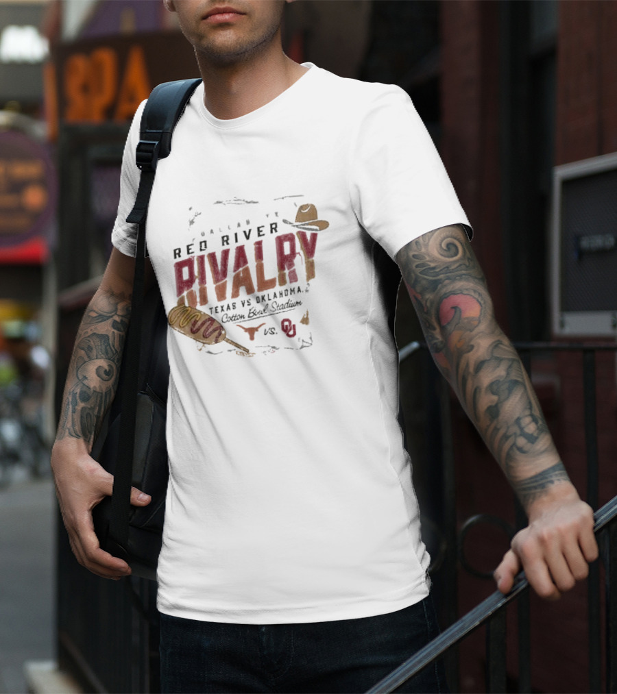 Red River Rivalry Texas Longhorns Vs. Oklahoma Sooners Corn Dog Dallas Cotton Bowl Stadium T-Shirt