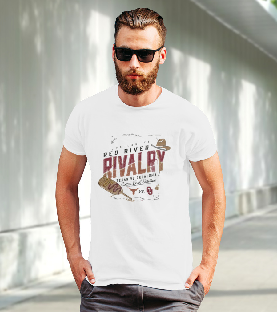 Red River Rivalry Texas Longhorns Vs. Oklahoma Sooners Corn Dog Dallas Cotton Bowl Stadium T-Shirt