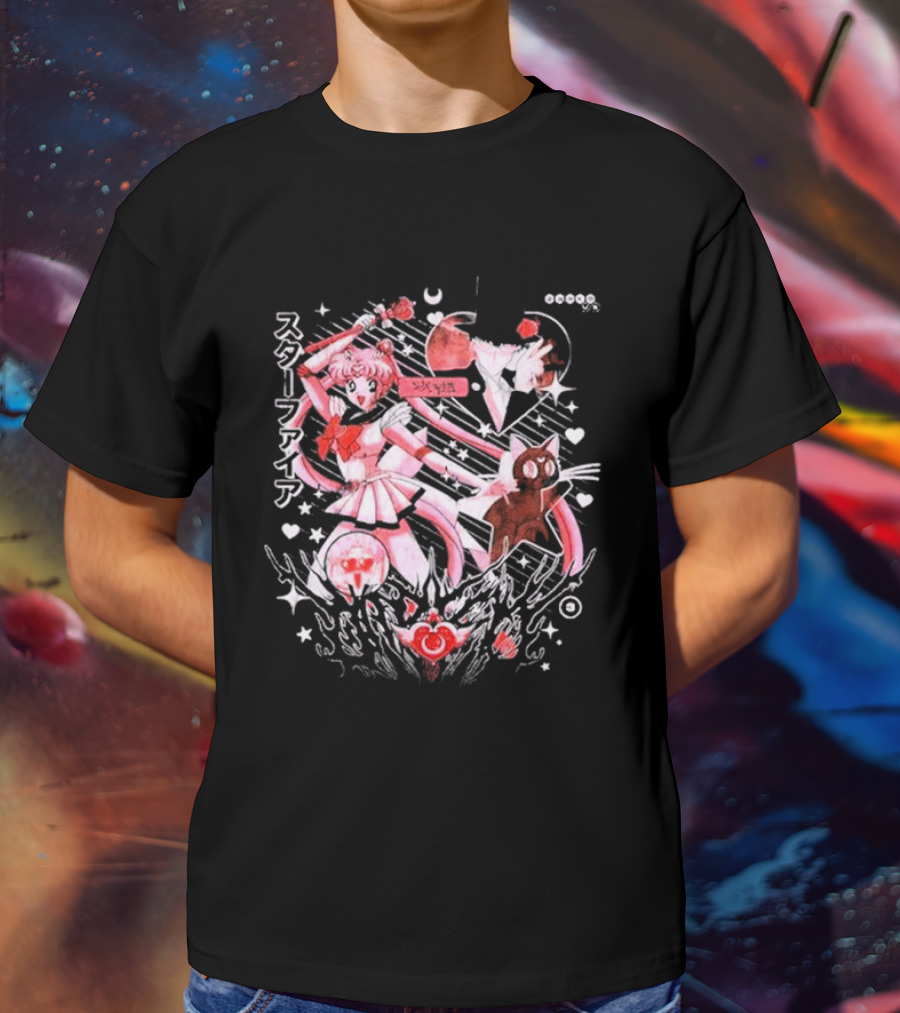 Darko Band Sm Starfire Japanese Text Sailor Moon Luna Hearts Moons Red Pink Black T-Shirt